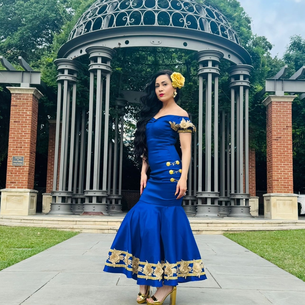 Elegant Blue Dress with Gold Accents